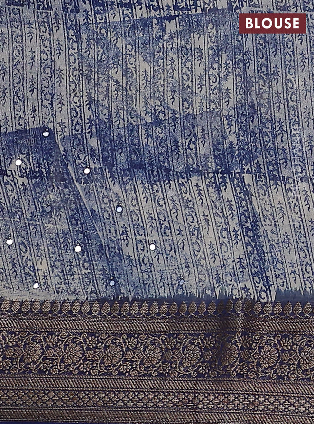 Chanderi silk cotton saree cream and blue with allover geometric prints & mirror work and zari woven border