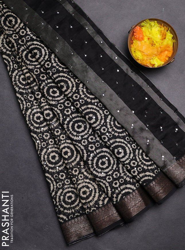 Chanderi silk cotton saree black with allover geometric prints & mirror work and zari woven border