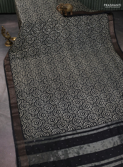 Chanderi silk cotton saree black with allover geometric prints & mirror work and zari woven border