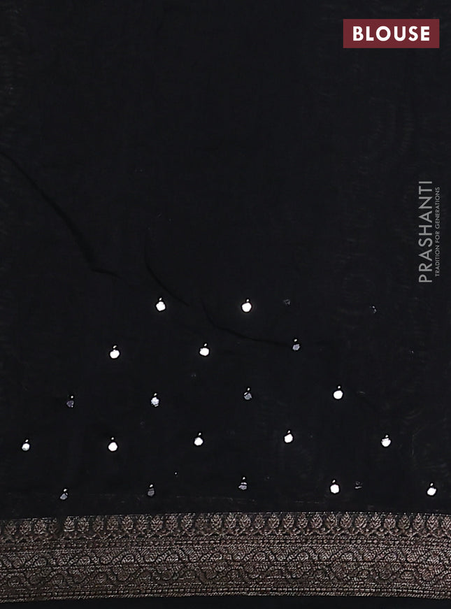 Chanderi silk cotton saree black with allover geometric prints & mirror work and zari woven border