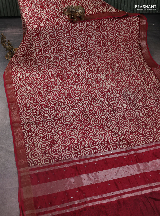 Chanderi silk cotton saree maroon with allover geometric prints & mirror work and zari woven border