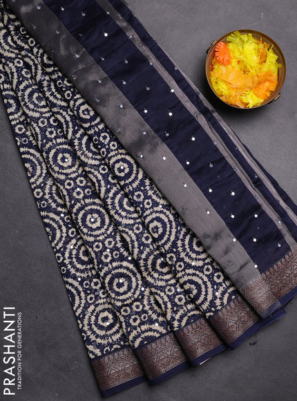 Chanderi silk cotton saree blue with allover geometric prints & mirror work and zari woven border