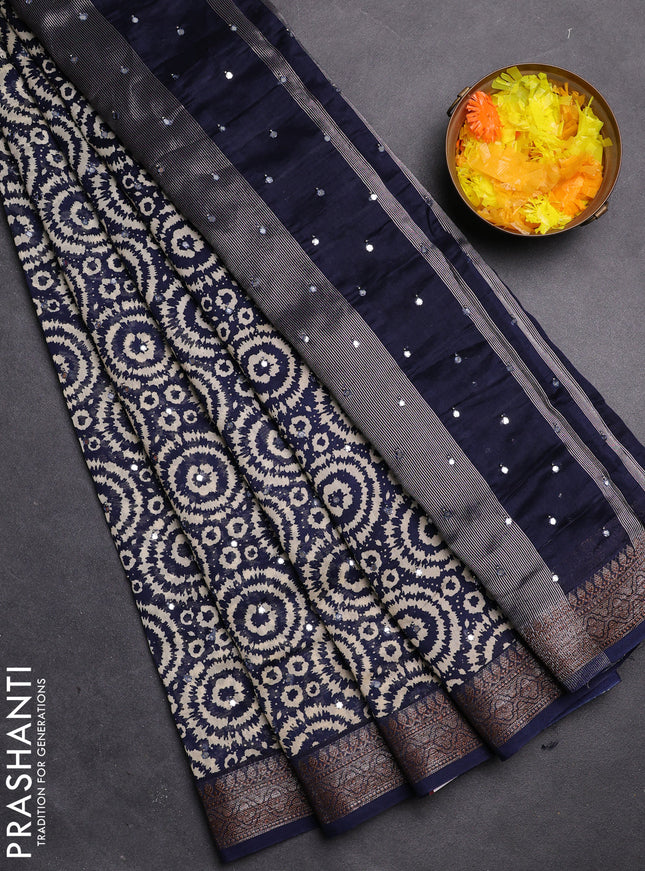 Chanderi silk cotton saree blue with allover geometric prints & mirror work and zari woven border