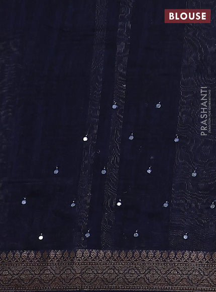 Chanderi silk cotton saree blue with allover geometric prints & mirror work and zari woven border