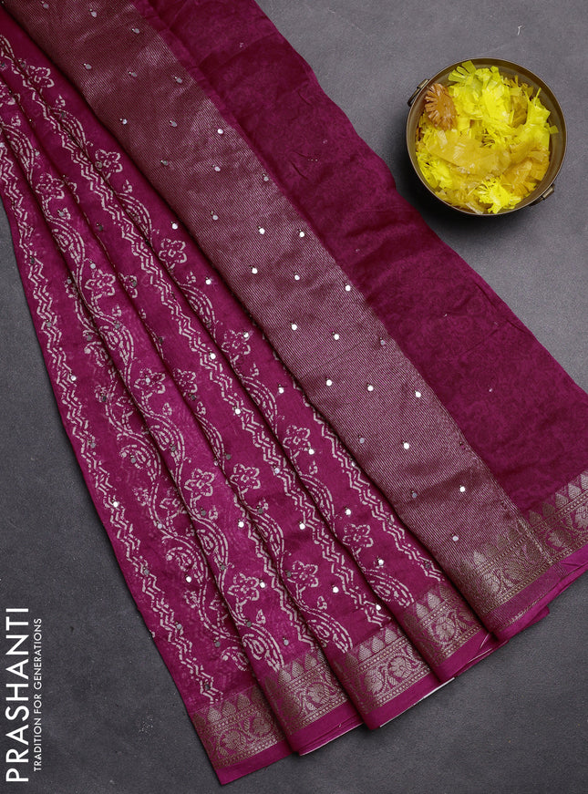 Chanderi silk cotton saree pink with allover prints & mirror work and zari woven border