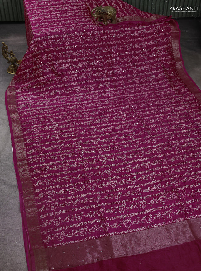 Chanderi silk cotton saree pink with allover prints & mirror work and zari woven border