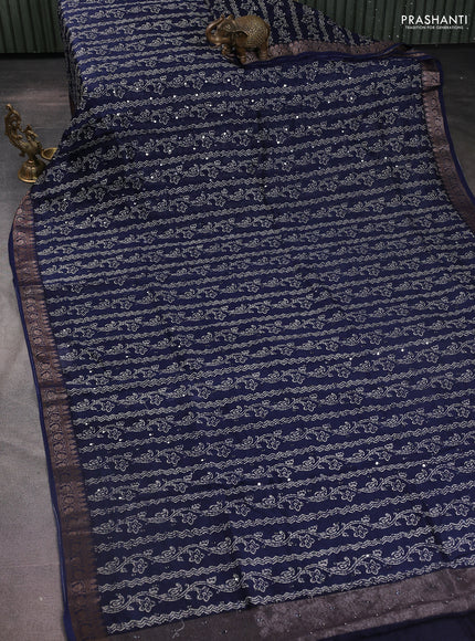 Chanderi silk cotton saree blue with allover prints & mirror work and zari woven border