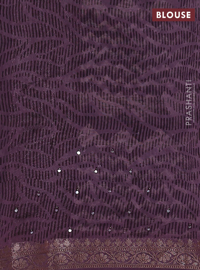 Chanderi silk cotton saree deep wine and cream with allover zig zag weaves & mirror work and zari woven border