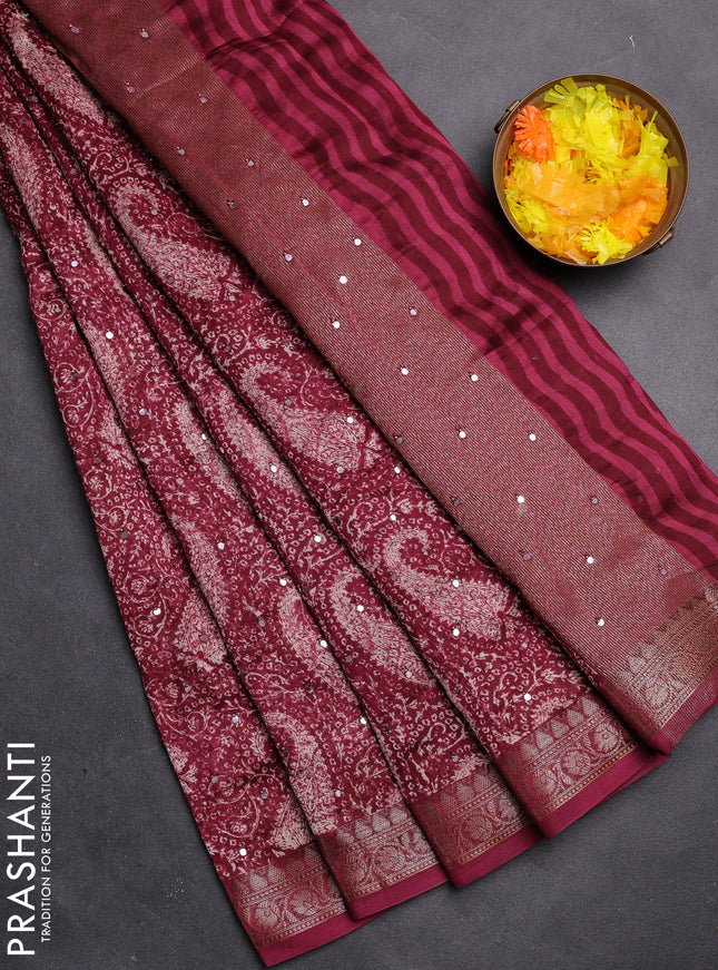 Chanderi silk cotton saree dark magenta pink with paisley prints & mirror work and zari woven border