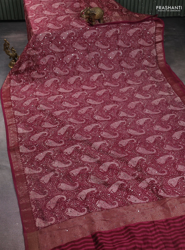 Chanderi silk cotton saree dark magenta pink with paisley prints & mirror work and zari woven border