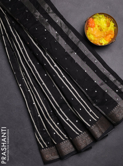 Chanderi silk cotton saree black with stripes pattern & mirror work and zari woven border
