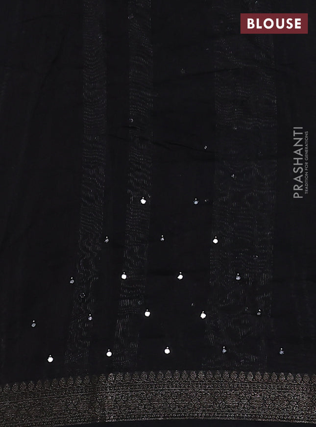 Chanderi silk cotton saree black with stripes pattern & mirror work and zari woven border