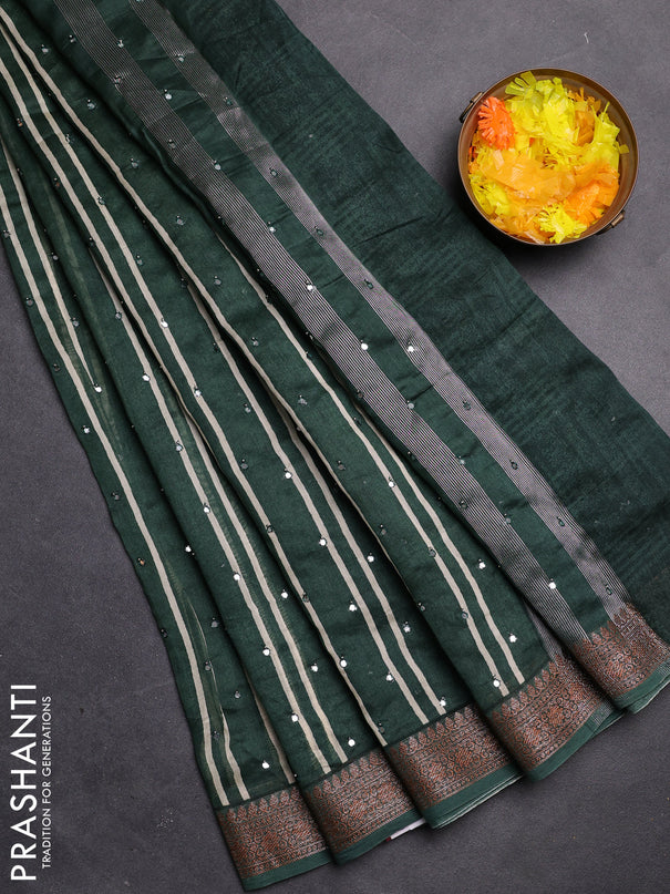 Chanderi silk cotton saree green with stripes pattern & mirror work and zari woven border