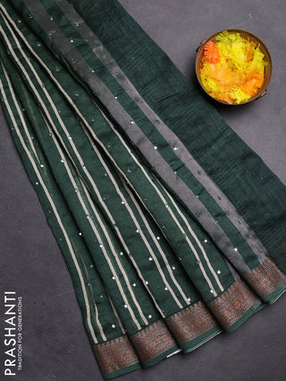 Chanderi silk cotton saree green with stripes pattern & mirror work and zari woven border