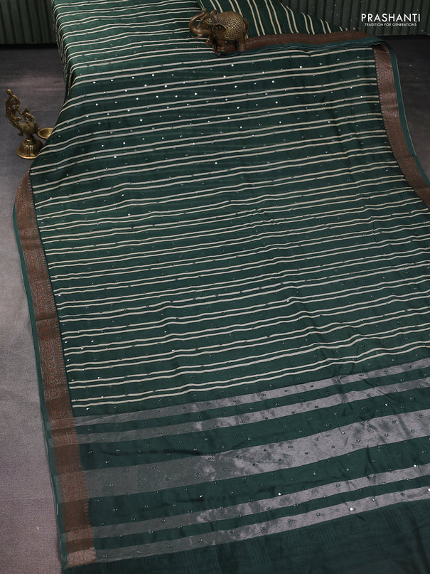 Chanderi silk cotton saree green with stripes pattern & mirror work and zari woven border