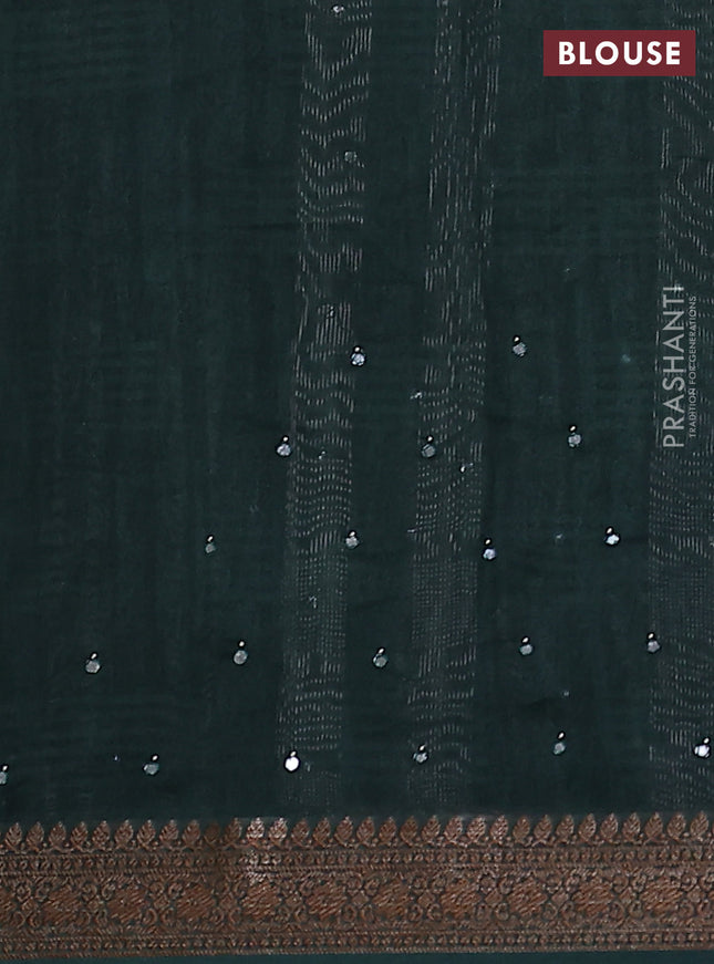 Chanderi silk cotton saree green with stripes pattern & mirror work and zari woven border