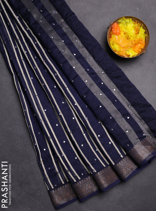 Chanderi silk cotton saree blue with stripes pattern & mirror work and zari woven border