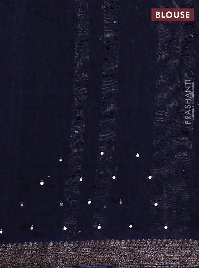 Chanderi silk cotton saree blue with stripes pattern & mirror work and zari woven border