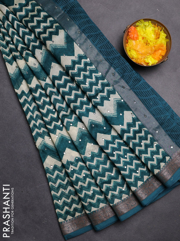 Chanderi silk cotton saree cream and peacock green with allover zig zag weaves & mirror work and zari woven border