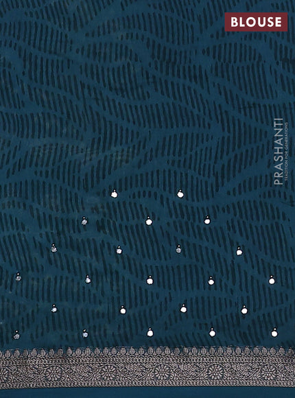 Chanderi silk cotton saree cream and peacock green with allover zig zag weaves & mirror work and zari woven border