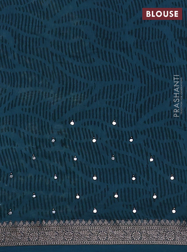 Chanderi silk cotton saree cream and peacock green with allover zig zag weaves & mirror work and zari woven border