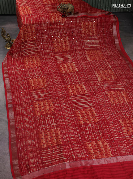 Chanderi silk cotton saree maroon with allover prints & mirror work and zari woven border