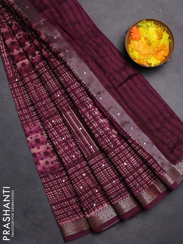 Chanderi silk cotton saree wine shade with allover prints & mirror work and zari woven border