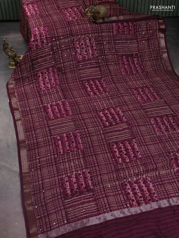 Chanderi silk cotton saree wine shade with allover prints & mirror work and zari woven border