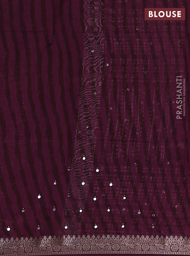 Chanderi silk cotton saree wine shade with allover prints & mirror work and zari woven border