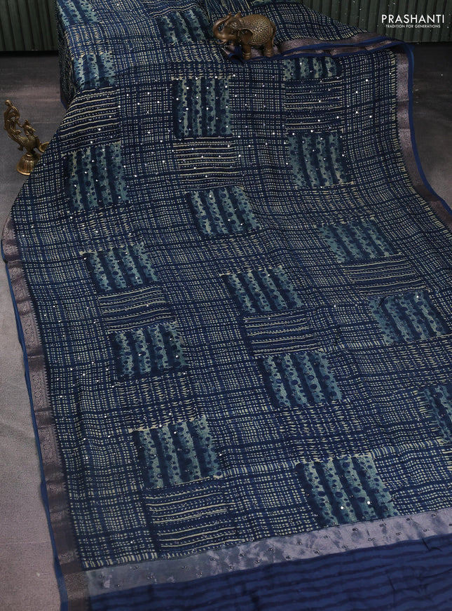 Chanderi silk cotton saree peacock blue with allover prints & mirror work and zari woven border