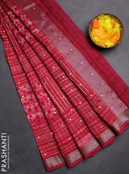 Chanderi silk cotton saree pink shade with allover prints & mirror work and zari woven border