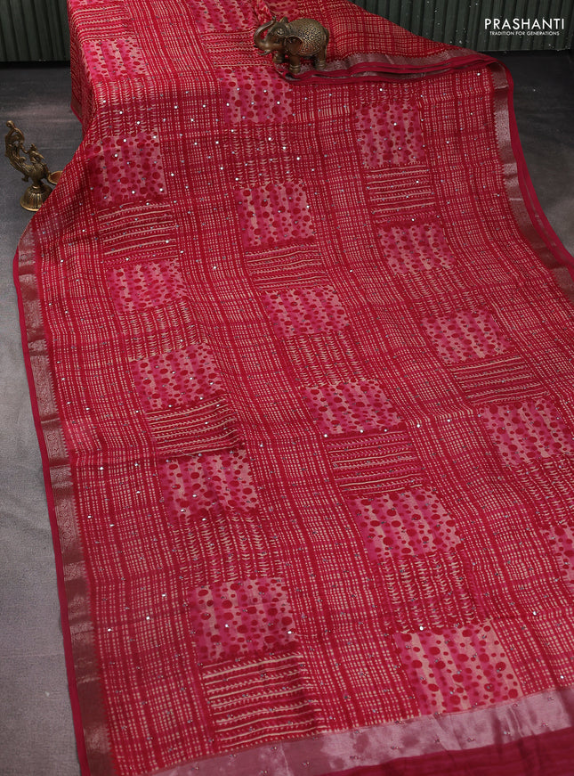 Chanderi silk cotton saree pink shade with allover prints & mirror work and zari woven border