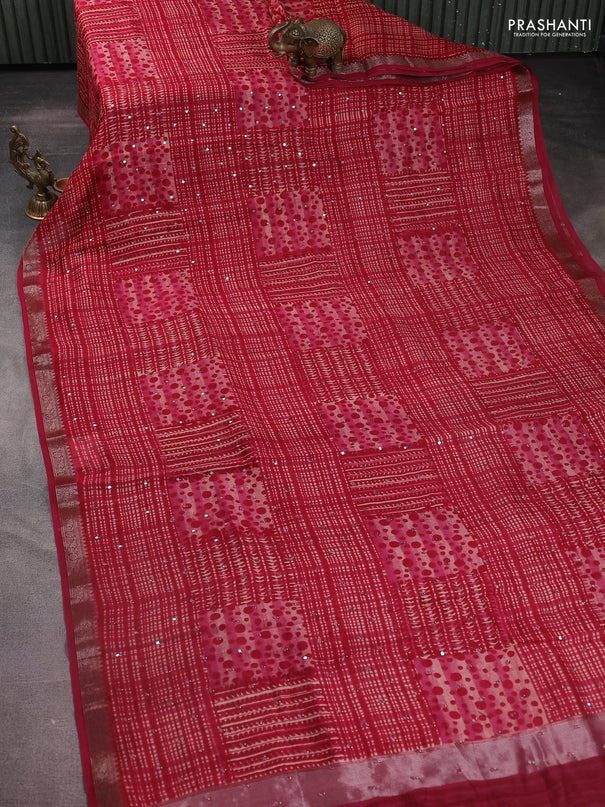 Chanderi silk cotton saree pink shade with allover prints & mirror work and zari woven border