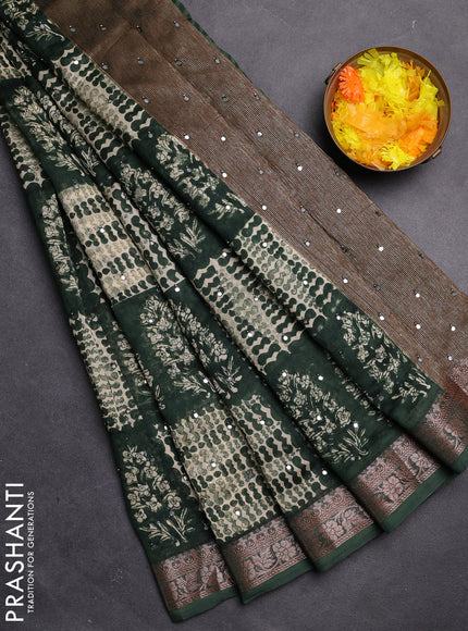 Chanderi silk cotton saree green with allover prints & mirror work and zari woven border