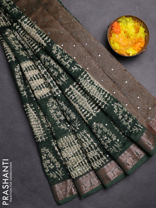 Chanderi silk cotton saree green with allover prints & mirror work and zari woven border