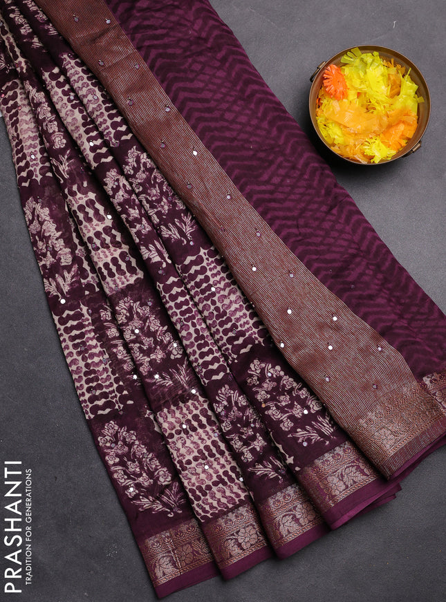 Chanderi silk cotton saree wine shade with allover prints & mirror work and zari woven border