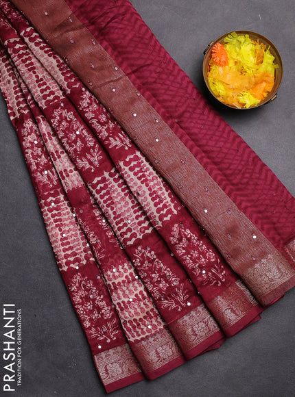 Chanderi silk cotton saree dark magenta pink with allover prints & mirror work and zari woven border