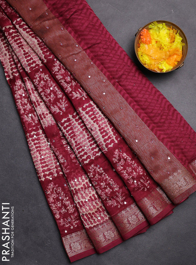 Chanderi silk cotton saree dark magenta pink with allover prints & mirror work and zari woven border