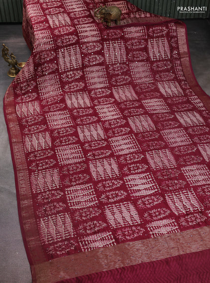 Chanderi silk cotton saree dark magenta pink with allover prints & mirror work and zari woven border