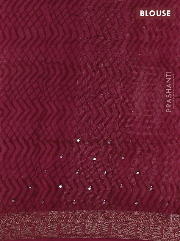 Chanderi silk cotton saree dark magenta pink with allover prints & mirror work and zari woven border