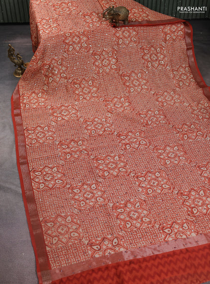 Chanderi silk cotton saree orange with allover prints & mirror work and zari woven border