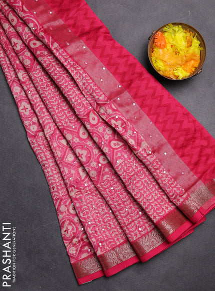 Chanderi silk cotton saree pink with allover prints & mirror work and zari woven border