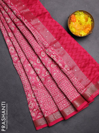 Chanderi silk cotton saree pink with allover prints & mirror work and zari woven border