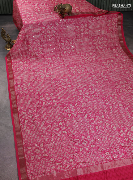 Chanderi silk cotton saree pink with allover prints & mirror work and zari woven border