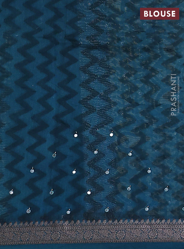 Chanderi silk cotton saree green shade and teal blue with allover prints & mirror work and zari woven border
