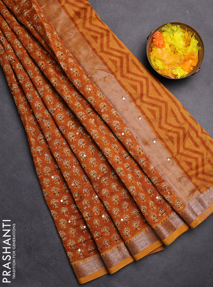 Chanderi silk cotton saree mustard yellow with allover floral butta prints & mirror work and zari woven border