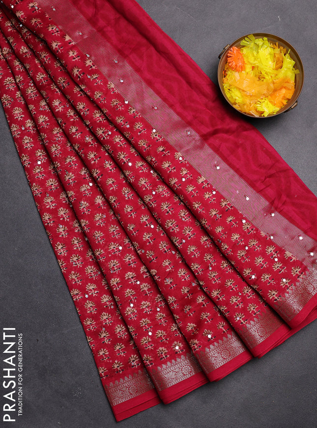 Chanderi silk cotton saree red with allover floral butta prints & mirror work and zari woven border
