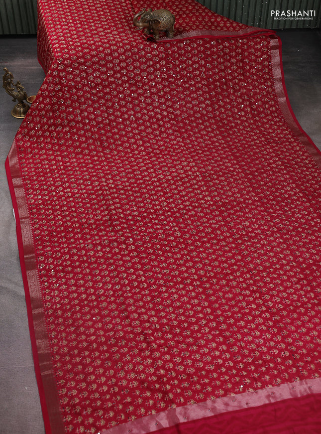 Chanderi silk cotton saree red with allover floral butta prints & mirror work and zari woven border