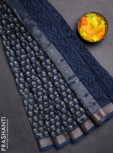 Chanderi silk cotton saree peacock blue with allover floral butta prints & mirror work and zari woven border