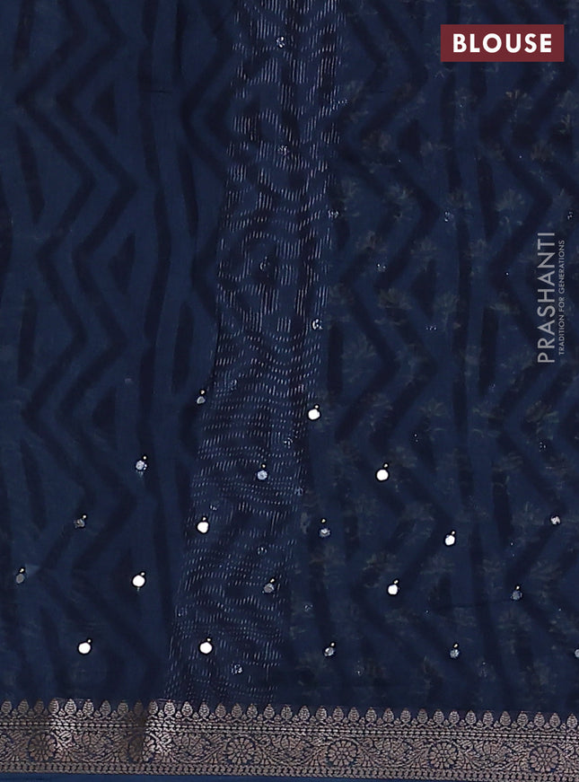 Chanderi silk cotton saree peacock blue with allover floral butta prints & mirror work and zari woven border